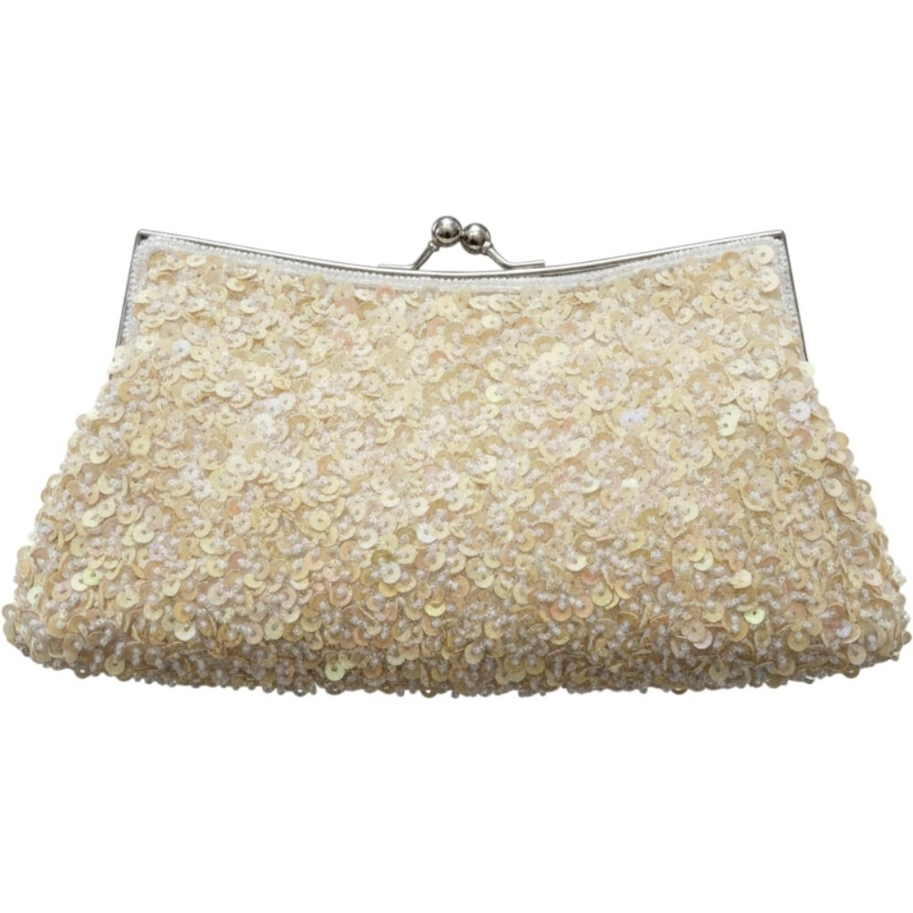 Vintage Inspired Sequin Beaded Cream Evening Bag Kiss Lock Clutch Crossbody